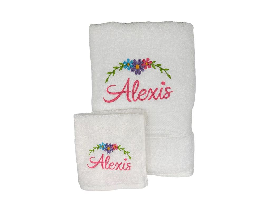 Embroidered Towel with name and floral swag